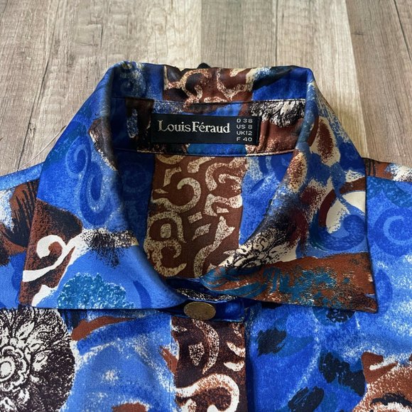 Louis Feraud Womens Blue Black Abstract Long Collared Button Up Shirt Top Size 8 - Picture 9 of 9